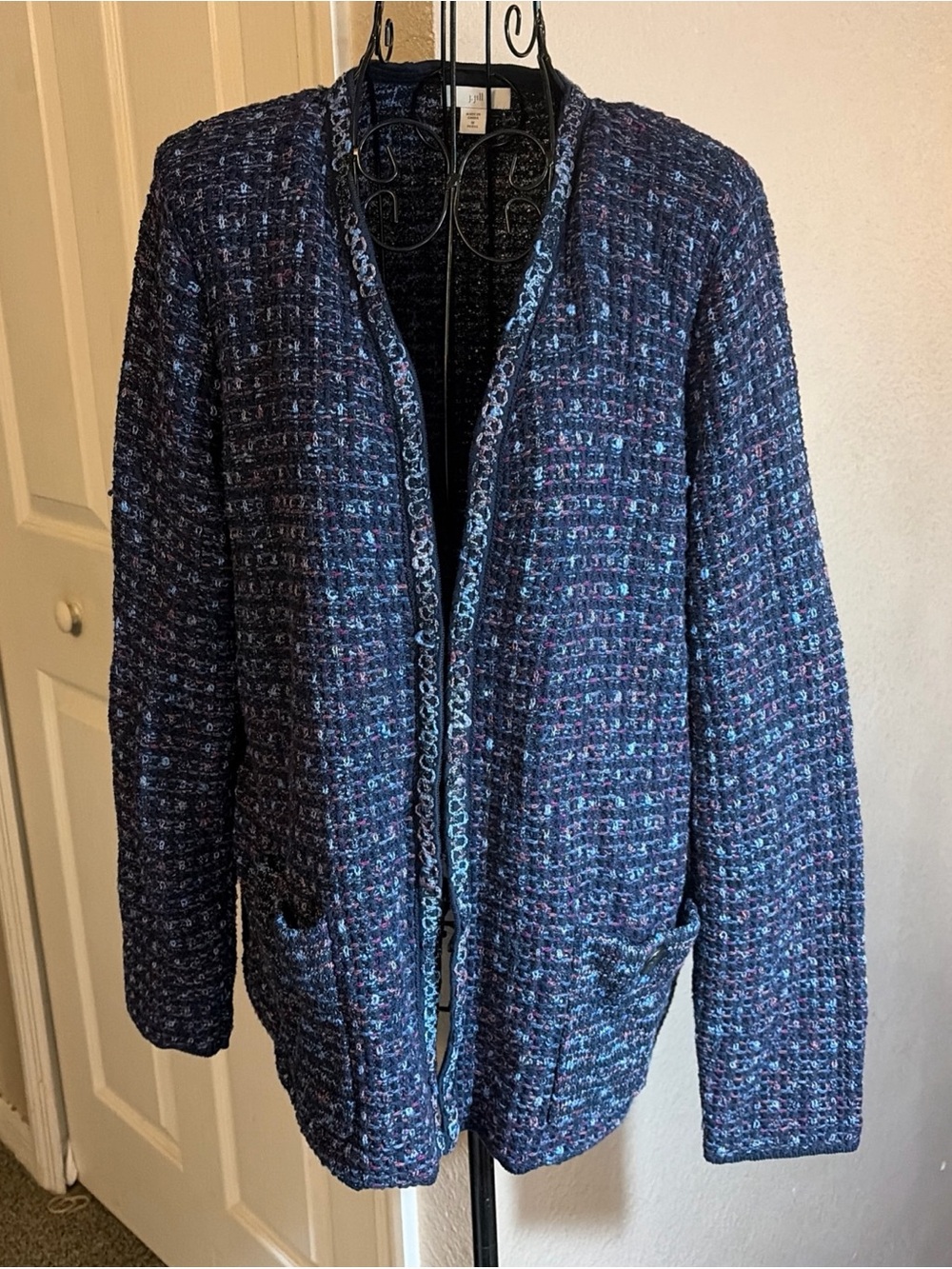 J. Jill Navy Bouclé Cardigan with Blue and Pink Flecks